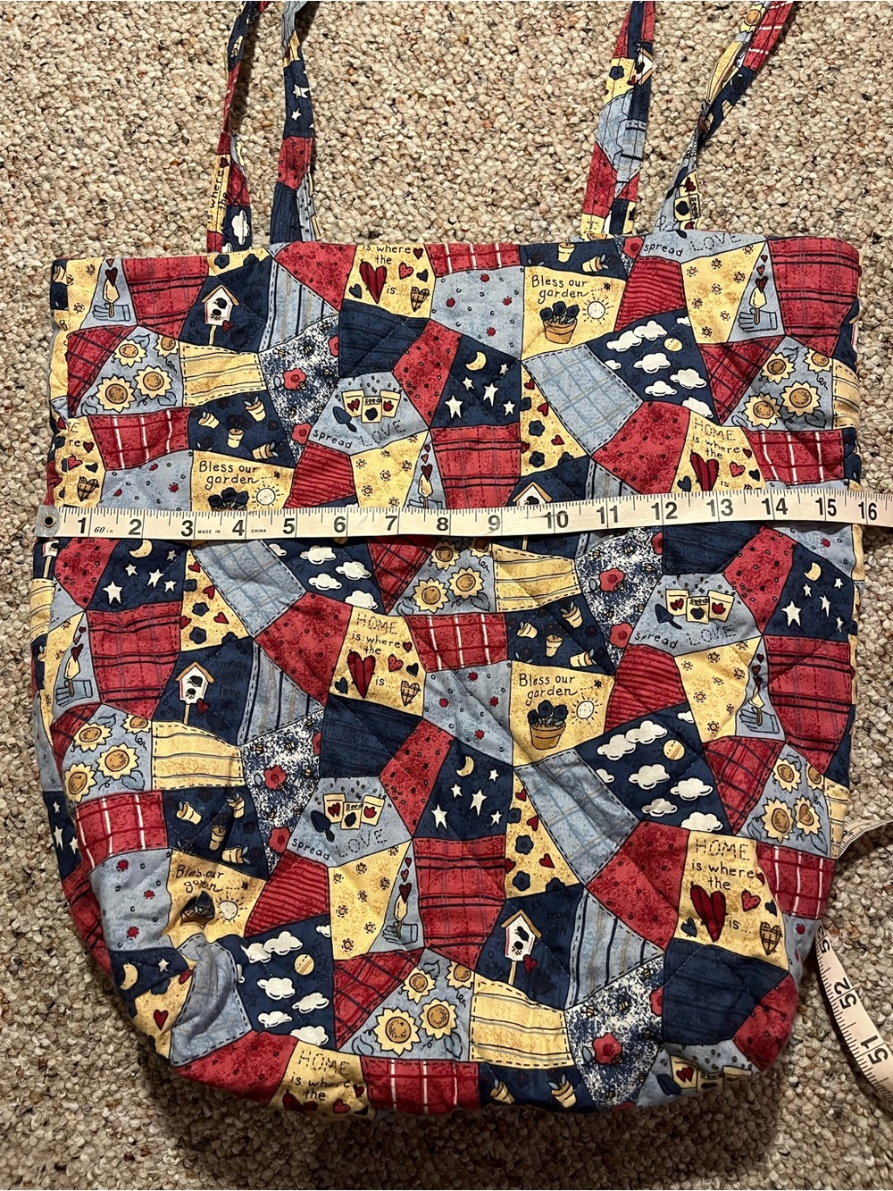 Handmade Quilted Patchwork Tote with Bag in Red, Navy & Yellow - Picture 7 of 8